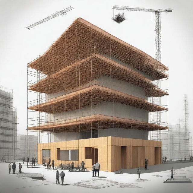 An artistic drawing depicting a completed project juxtaposed with an unfinished construction