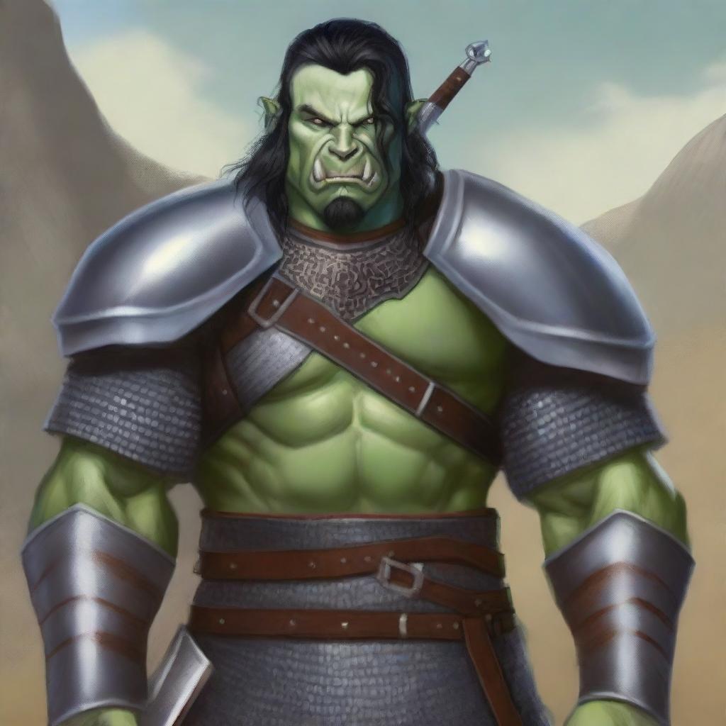 A half-orc with pale blue skin, green eyes, a large scar across the left eye, and black hair