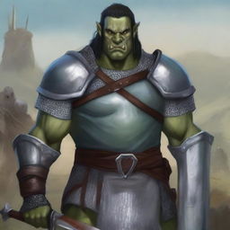 A half-orc with pale blue skin, green eyes, a large scar across the left eye, and black hair