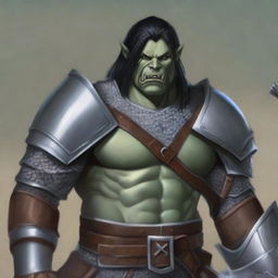 A half-orc with pale blue skin, green eyes, a large scar across the left eye, and black hair