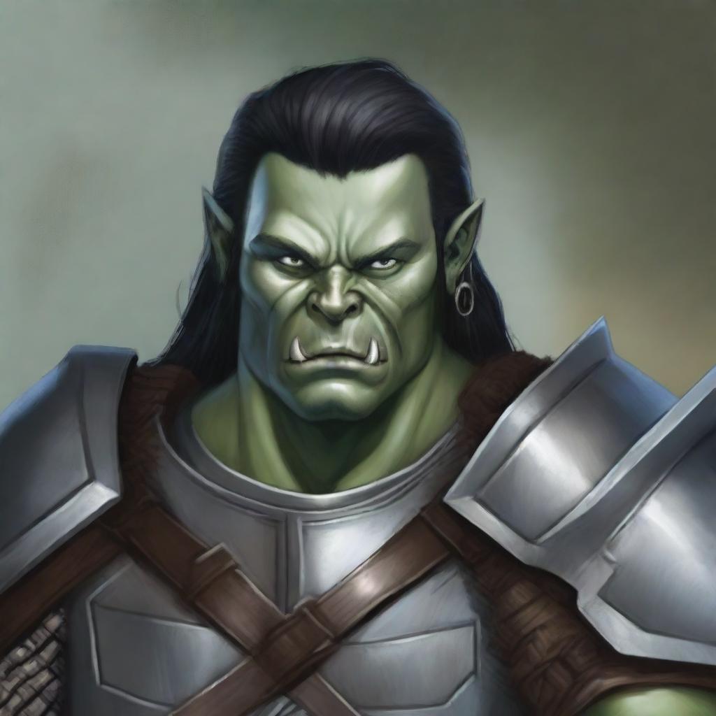 A half-orc with pale blue skin, green eyes, a large scar across the left eye, and black hair