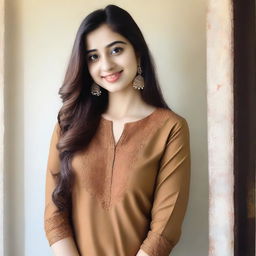 A beautiful 18-year-old girl taking a selfie while wearing a brown kurta and pants