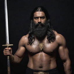 A towering, menacing and muscular middle-aged Indian man with long black hair and a thick beard, wearing appropriate attire, against a dark backdrop. He brandishes a long sword with ominous gold engravings