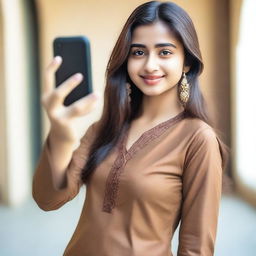 A beautiful 18-year-old girl taking a selfie while wearing a brown kurta and pants