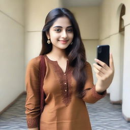 A beautiful 18-year-old girl taking a selfie while wearing a brown kurta and pants