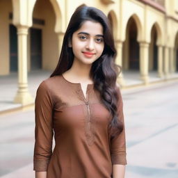 A beautiful 18-year-old girl taking a selfie while wearing a brown kurta and pants