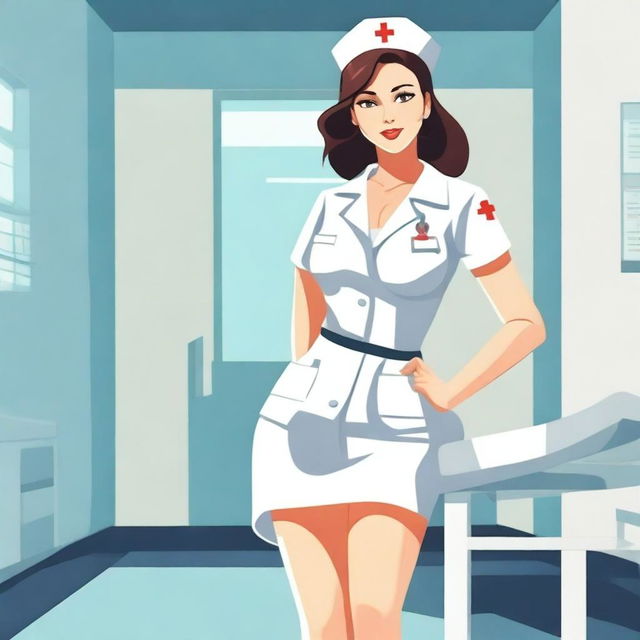 A stylized illustration of a nurse in a suggestive pose, wearing a tight-fitting uniform with a short skirt and high heels