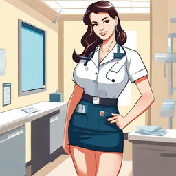 A stylized illustration of a nurse in a suggestive pose, wearing a tight-fitting uniform with a short skirt and high heels