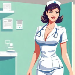 A stylized illustration of a nurse in a suggestive pose, wearing a tight-fitting uniform with a short skirt and high heels