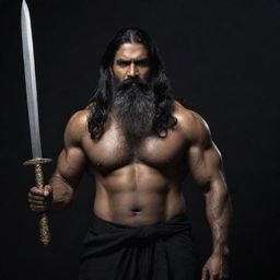 A towering, menacing and muscular middle-aged Indian man with long black hair and a thick beard, wearing appropriate attire, against a dark backdrop. He brandishes a long sword with ominous gold engravings