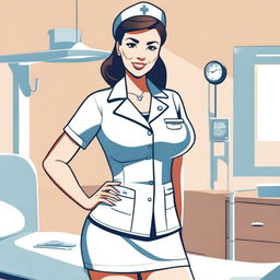 A stylized illustration of a nurse in a suggestive pose, wearing a tight-fitting uniform with a short skirt and high heels