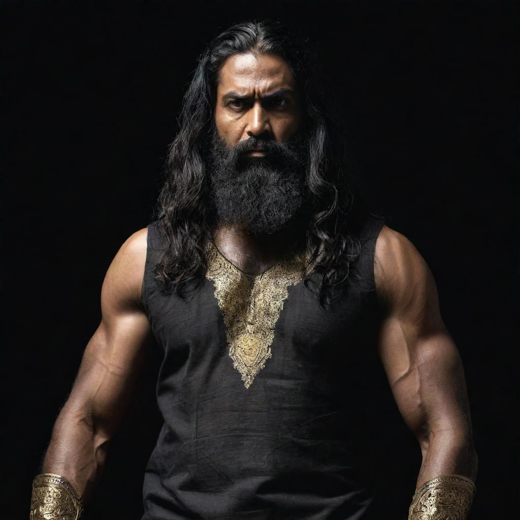 A towering, menacing and muscular middle-aged Indian man with long black hair and a thick beard, wearing appropriate attire, against a dark backdrop. He brandishes a long sword with ominous gold engravings