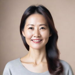 A nice-looking Asian woman of about 35 years old, appearing calm and relaxed