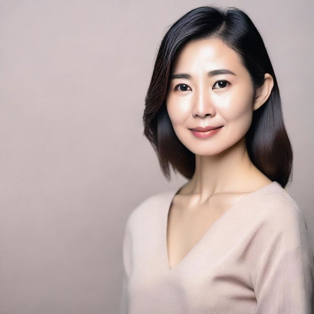 A nice-looking Asian woman of about 35 years old, appearing calm and relaxed