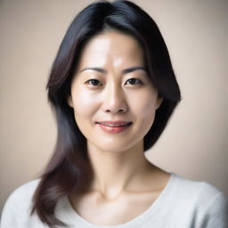 A nice-looking Asian woman of about 35 years old, appearing calm and relaxed