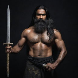 A towering, menacing and muscular middle-aged Indian man with long black hair and a thick beard, wearing appropriate attire, against a dark backdrop. He brandishes a long sword with ominous gold engravings