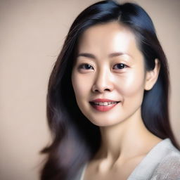 A nice-looking Asian woman of about 35 years old, appearing calm and relaxed