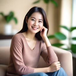 A nice-looking Asian woman of about 35 years old, sitting in a comfy place with a feel-good vibe