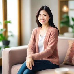 A nice-looking Asian woman of about 35 years old, sitting in a comfy place with a feel-good vibe