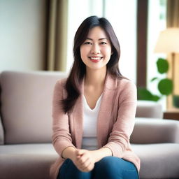 A nice-looking Asian woman of about 35 years old, sitting in a comfy place with a feel-good vibe