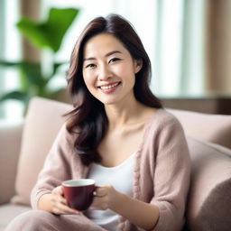 A nice-looking Asian woman of about 35 years old, relaxing in a comfy place with a feel-good vibe on a Sunday afternoon