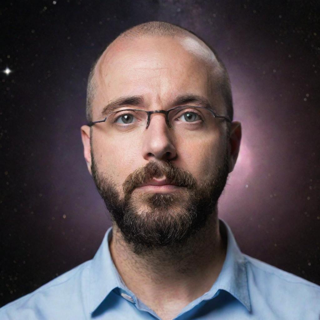 A realistic portrait of Michael Stevens, the host of Vsauce, in a contemplative pose with a galaxy background illustrating his fascination with science and the universe.