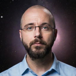 A realistic portrait of Michael Stevens, the host of Vsauce, in a contemplative pose with a galaxy background illustrating his fascination with science and the universe.