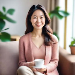 A nice-looking Asian woman of about 35 years old, relaxing in a comfy place with a feel-good vibe on a Sunday afternoon