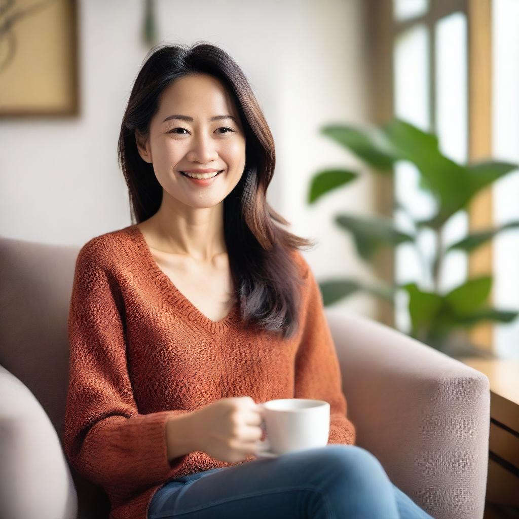 A nice-looking Asian woman of about 35 years old, relaxing in a comfy place with a feel-good vibe on a Sunday afternoon