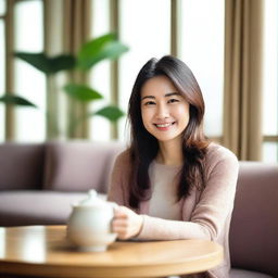 A nice-looking Asian woman of about 35 years old, relaxing in a comfy place with a feel-good vibe on a Sunday afternoon