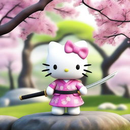 A 4K image of Hello Kitty holding a realistic katana sword