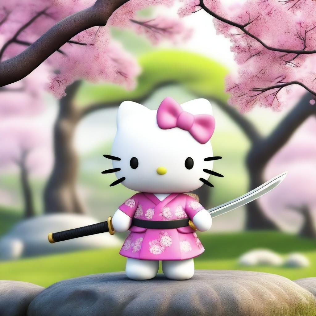 A 4K image of Hello Kitty holding a realistic katana sword