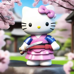 A 4K image of Hello Kitty holding a realistic katana sword