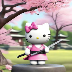 A 4K image of Hello Kitty holding a realistic katana sword