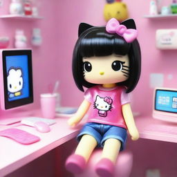 A high-definition 3D image of Hello Kitty with very long straight black hair, big realistic eyes with black reflections, and eyebrows