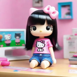 A high-definition 3D image of Hello Kitty with very long straight black hair, big realistic eyes with black reflections, and eyebrows