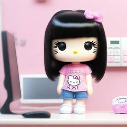 A high-definition 3D image of Hello Kitty with very long straight black hair, big realistic eyes with black reflections, and eyebrows