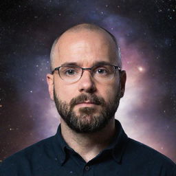 A realistic portrait of Michael Stevens, the host of Vsauce, in a contemplative pose with a galaxy background illustrating his fascination with science and the universe.