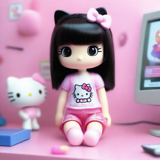 A high-definition 3D image of Hello Kitty with very long straight black hair, big realistic eyes with black reflections, and eyebrows