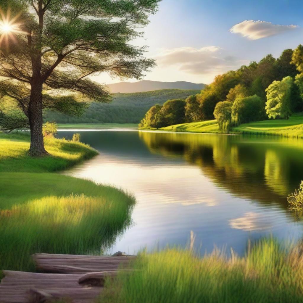 A peaceful and relaxing landscape featuring a serene natural setting