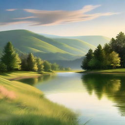 A peaceful and relaxing landscape featuring a serene natural setting