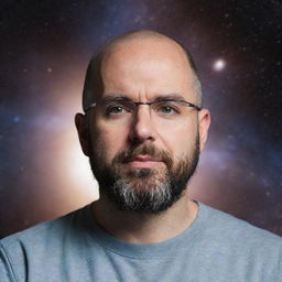 A realistic portrait of Michael Stevens, the host of Vsauce, in a contemplative pose with a galaxy background illustrating his fascination with science and the universe.