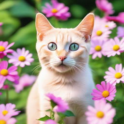 A cute and playful pink cat with big, expressive eyes sitting in a garden full of colorful flowers