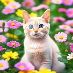 A cute and playful pink cat with big, expressive eyes sitting in a garden full of colorful flowers