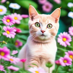 A cute and playful pink cat with big, expressive eyes sitting in a garden full of colorful flowers