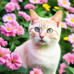 A cute and playful pink cat with big, expressive eyes sitting in a garden full of colorful flowers