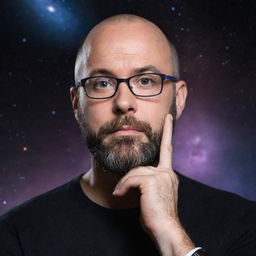 A realistic portrait of Michael Stevens, the host of Vsauce, in a contemplative pose with a galaxy background illustrating his fascination with science and the universe.