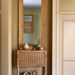 A classically designed, small entrance hall presented with a modern appeal. Decor incorporates rattan elements along with beige and pistachio color pallette, rounded out with a strategically placed mirror.