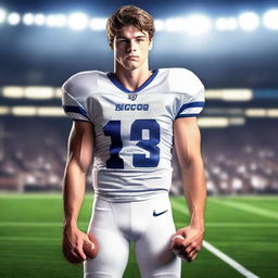 A hyper-realistic image of a hunky student who is part of the football team