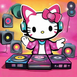 A vibrant and fun image of Hello Kitty as a DJ, spinning records at a lively party with colorful lights and a cheerful crowd